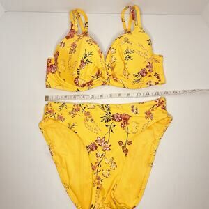 EUC Birdsong Hibiscus Wrap Bikini SET- Yellow Floral High Waist Beach 34D/Small‎